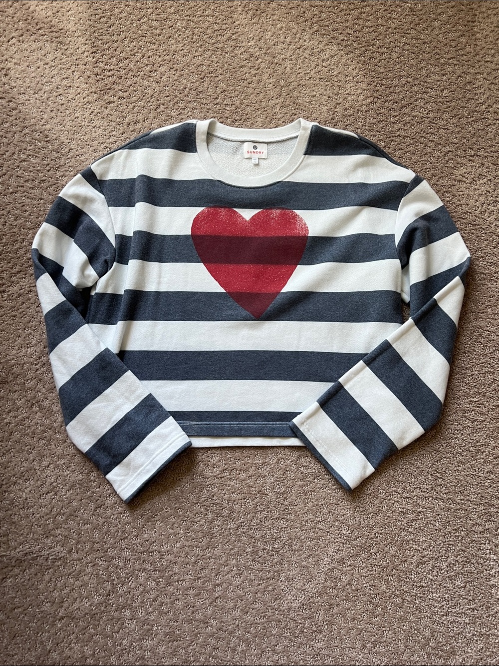 Sundry navy & White Striped Sweatshirt with Red Heart